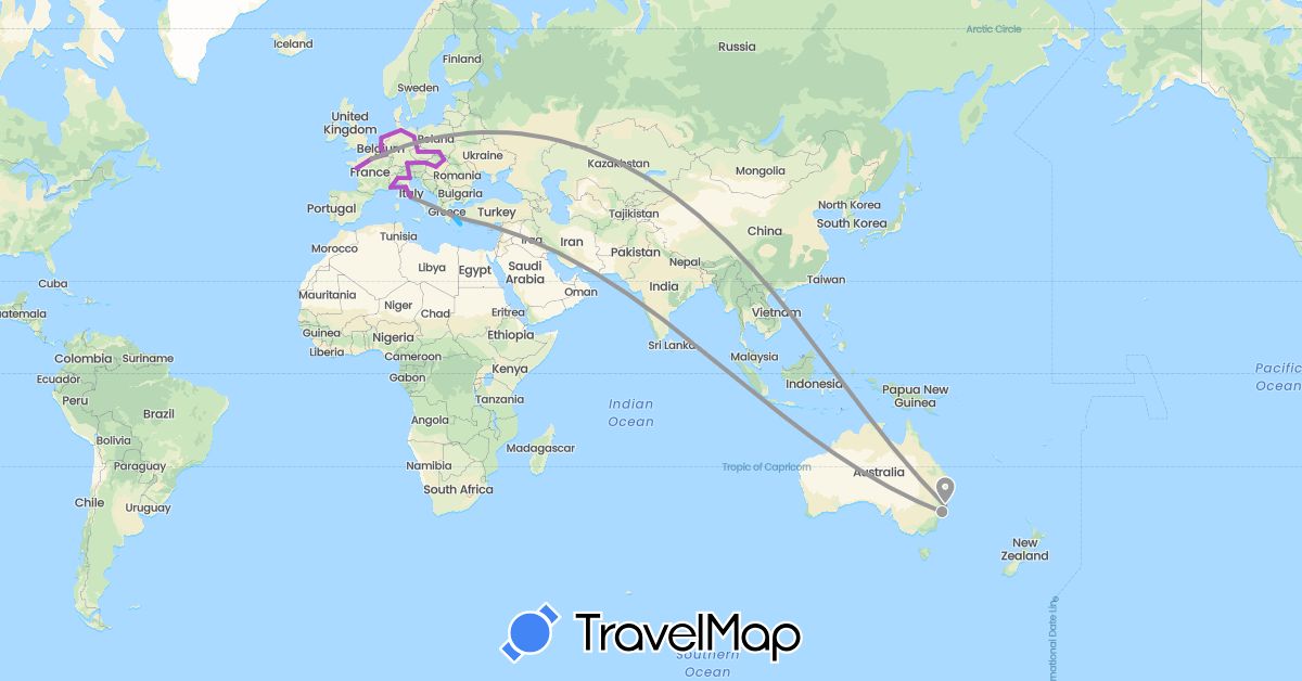 TravelMap itinerary: driving, plane, train, boat in Austria, Australia, Belgium, Czech Republic, Germany, France, Greece, Hungary, Italy, Luxembourg, Netherlands, Poland, Slovakia (Europe, Oceania)